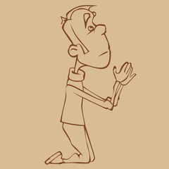 Fototapeta na wymiar sketch of a cartoon man who folded his arms and kneeling and prays