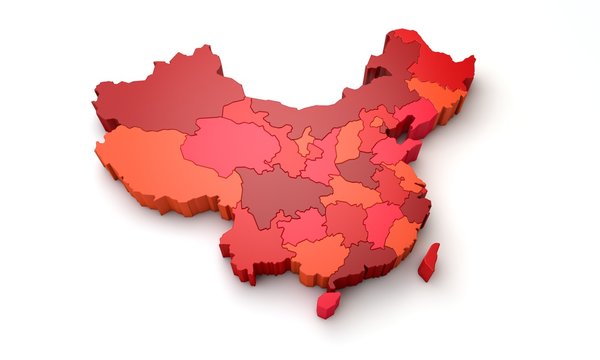 Map of China showing regional province areas. 3D Rendering