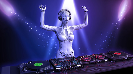 DJ android, disc jockey robot with hands up playing music on turntables, cyborg on stage with deejay audio equipment, 3D rendering