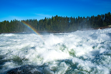 Storforsen river Sweden. Nature reserve on sunny summer day in Swedish lapland with Big river, rapids and waterfall.
