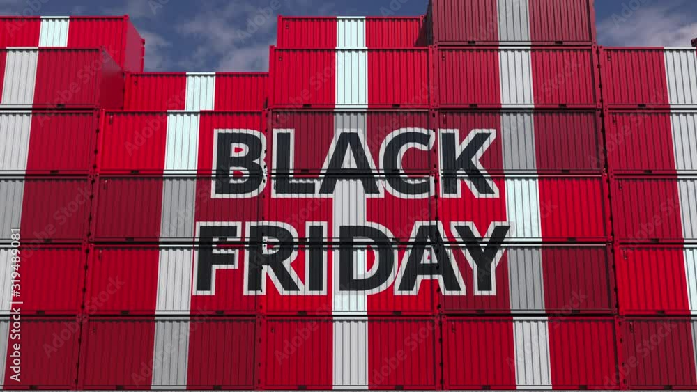 Poster containers with black friday text and national flags of peru. peruvian commerce related 3d animation