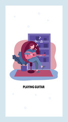 Young girl plays acoustic guitar music at home. Music lessons concept. Woman playing musical instument and sing. Vector web site design template. Landing page website concept illustration