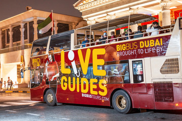 29 November 2019, Dubai, United Arab Emirates: Night Big bus tour excursion