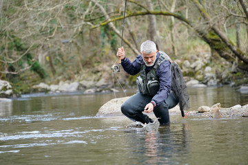 catch of a rainbow trout by a fly fisherman in the river