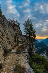 The sunrise in the French Alps mountains during a hike 
