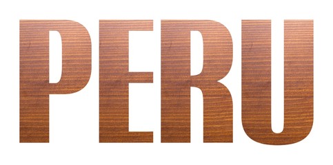 PERU word with brown wooden texture on white background.