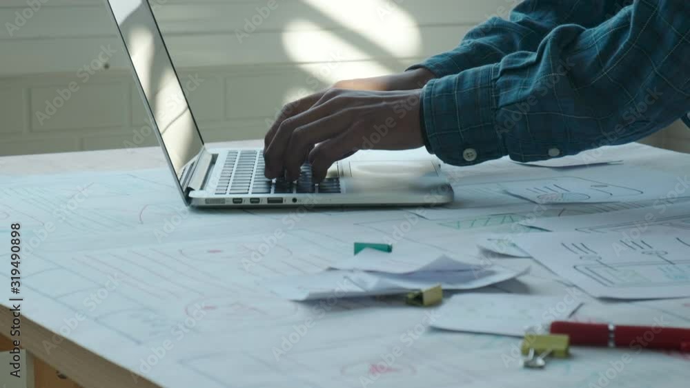 Poster web designer working laptop responsive design. creative ui ux designer teamwork meeting planning des