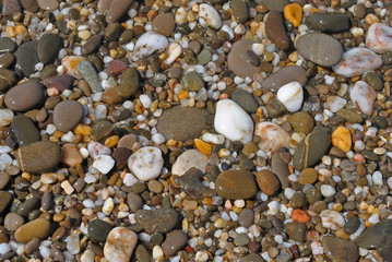 Wet small pebbles in the bright sun