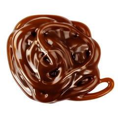 Chocolate swirl isolated on white background, top view. Dark chocolate sauce close up, top view