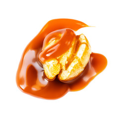 Popcorn  candy isolated with caramel sauce isolated on white background close-up. Top view
