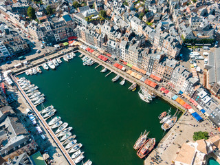 Aerial drone view on Honfleur, France some with famous places and architecture of the village - obrazy, fototapety, plakaty