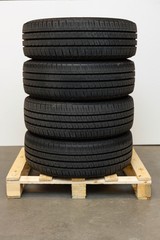 Close up view of car tires set. Car concept. 