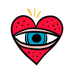 Open eye in heart hand drawn vector illustration logo in cartoon comic stlye red blue yellow