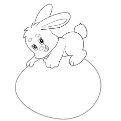 cute bunny lies on a big easter egg, contour, isolated object,