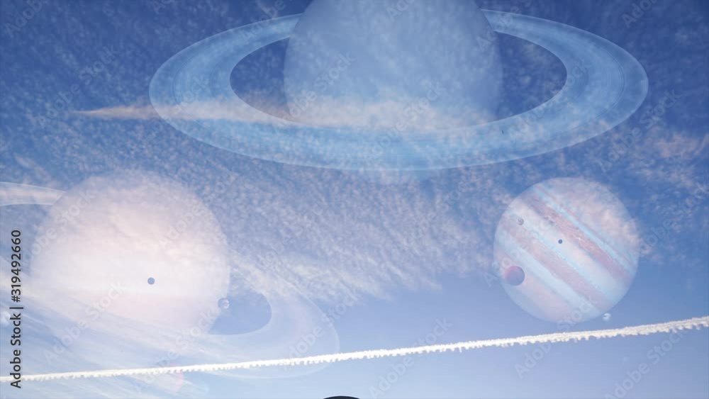 Wall mural fantastic animation, blue sky with puffy clouds and saturn, uranus and jupiter planet on sky.
