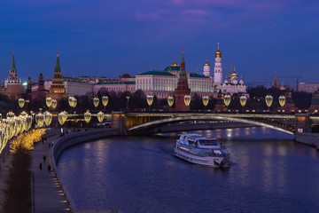 View of moscow kremlin and river at night