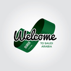 Welcome to Saudi arabia symbol with flag, simple modern logo on white background, vector illustration