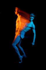 Dancing Double portrait of falling handsome torso naked man.  Blue and orange. dancer choreographer allegorical metaphorical representation emotions and feelings