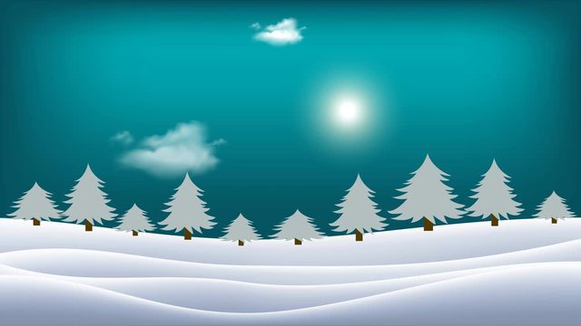 The sun moves across the horizon and clouds move in the sky. Winter landscape. Snow covered hills with trees and shining sun in the blue sky.