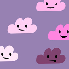 Seamless pattern with cute clouds on purple background. Ornament for children's textiles and wrapping. 