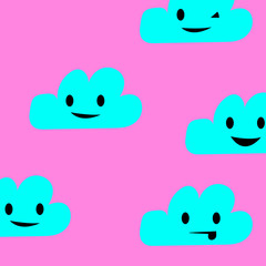 Seamless pattern with cute clouds on purple background. Ornament for children's textiles and wrapping. Flat style. 