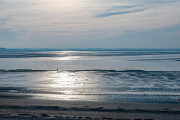 Obraz premium France. Baie de Somme. promeneur sur la plage de sable à marée basse sous le soleil. walker on the sandy beach at low tide under the sun.