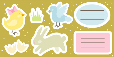 Fototapeta premium Vector set of cartoon characters. Cute stickers with baby chicken, bunny, spring bird, egg shell and grass. Easter cards, labels. Template for spring design