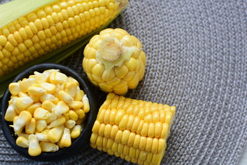  fresh organic corn in leaf, shelled and in pieces