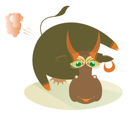 Natural gas and cow illustration. Smiling cow is breaking wind isolated on white 