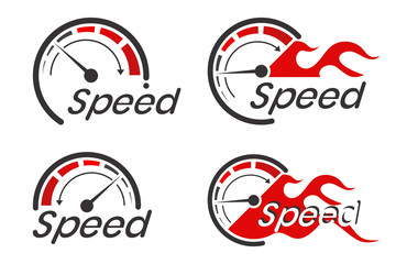 Speed logo with the speedometer concept is isolated on a white background.