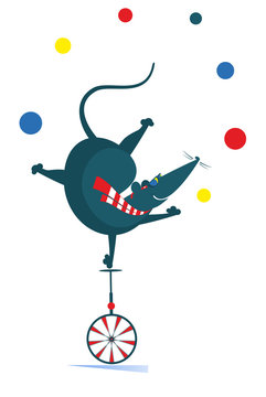 Equilibrist rat or mouse rides on the unicycle and juggles the balls illustration. Funny rat or mouse balances on one leg on the unicycle head over heels and juggles the balls isolated on white 