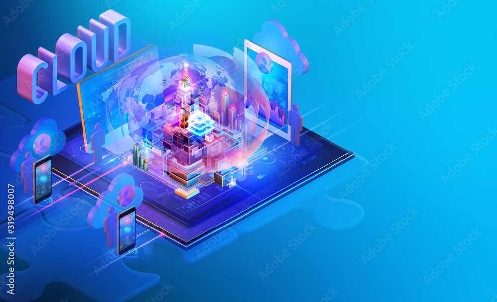 Aufkleber cloud computing technology isometric internet website interface background design. online storage bu