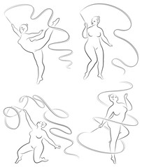 Collection. Gymnastics. Silhouette of a girl with a ribbon. The woman is overweight, a large body. The girl is full figured. Vector illustration set.