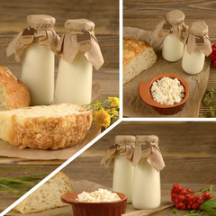 Collage. Fresh natural milk products, fresh bread on a wooden background. Small bottles of milk. Country style