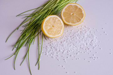lemon with herbs on a white plate