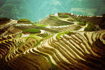 Picturesque traditional rice terraces in Chinese mountains.
