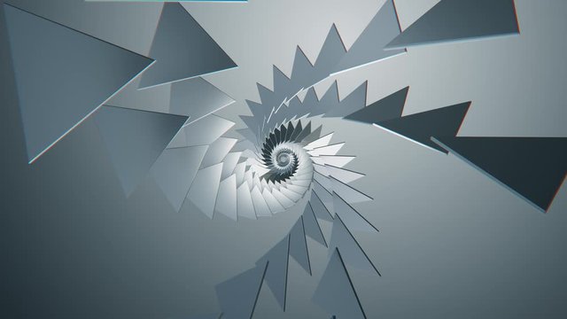 Tunnel triangle shiny. Seamless loop video. Silver metal construction sharp corners with reflections. Futuristic sci-fi interior. Camera moves forward. UHD 3840x2160. 3d Rendering for business.