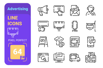 Set 64px advertising simple lines icons of banners and communication.
