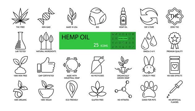 Vector Hemp Oil Icons. The Set Consists Of 25 Images With An Editable Stroke. THC Free, Non GMO, Bio, 100% Pure, Lab Tested, Natural Ingredients, Premium Quality, GMP Certified, No Pesticides, Cruelty