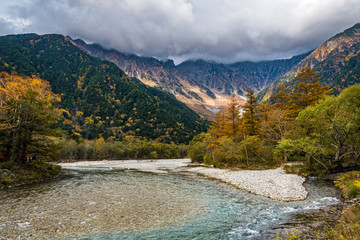 Colorful autumn foliage in Kamikochi valley, Northern Japan Alps, Japan.