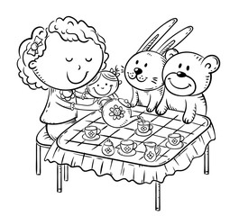 girl is playing with her toys making tea party at the table with small cups and a teapot