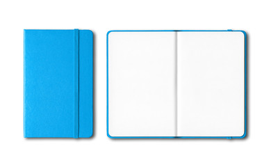 Cyan blue closed and open notebooks isolated on white