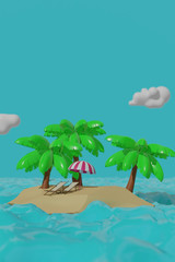 Fototapeta na wymiar lowpoly 3d illustration of a tropical island. Two deck chairs under umbrella on a beautiful beach. Travel and vacation concept.