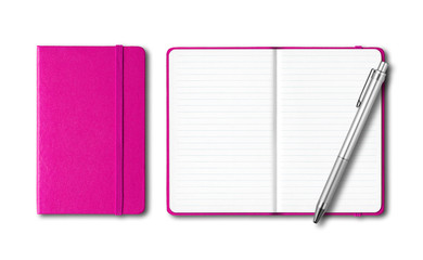 Pink closed and open notebooks with a pen isolated on white