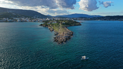 Aerial drone photo of beautiful seascape in bay of Porto Rafti, Mesogeia, Attica, Greece