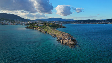 Aerial drone photo of beautiful seascape in bay of Porto Rafti, Mesogeia, Attica, Greece