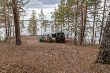 Tourist camp on the lake. spring, russia
