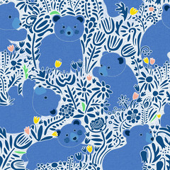 Seamless pattern with bear cubs on spring meadow. Playful baby animals and wild flowers.