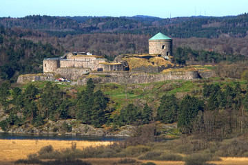 Fototapeta na wymiar Bohus Medieval Stone Fortress in the river delta of Gota Alv near Gothenburg and Kungalv, Sweden.