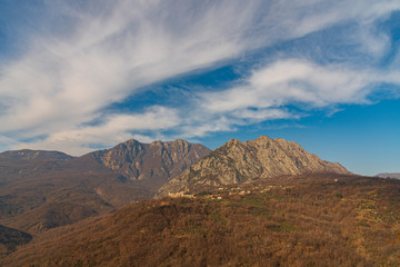 Landscapes of Molise. Monte Marrone e Castelnuovo al Volturno. Winter panorama from the historic...